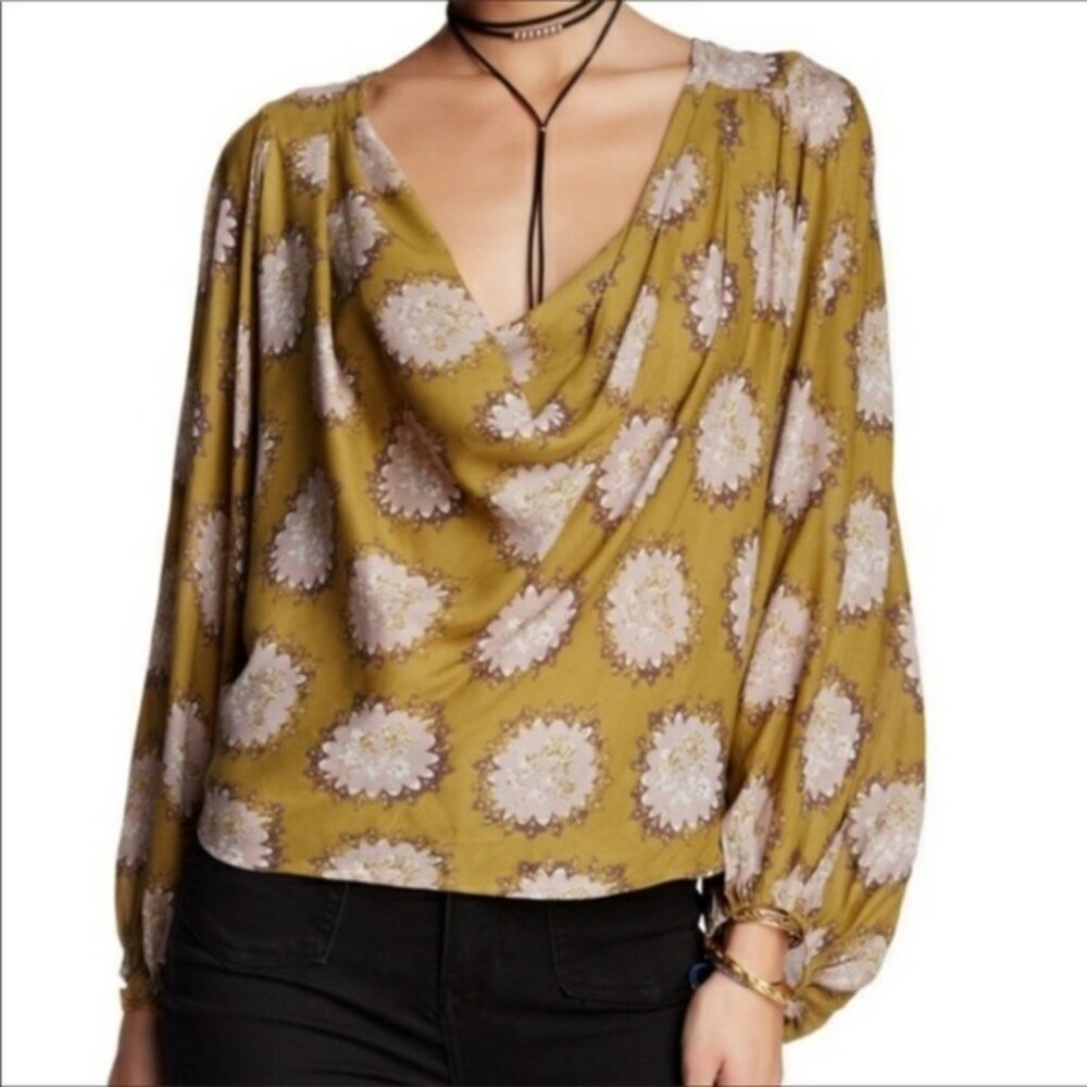 Free People Boho Green Lavender Floral Blouse XS XL